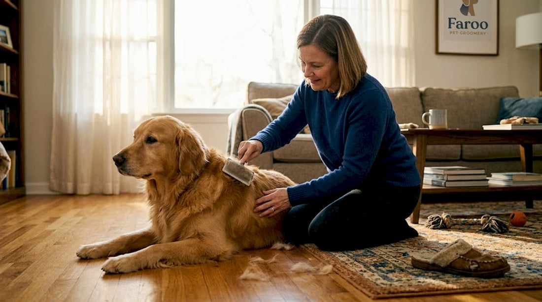 Woman grooming golden retriever at home