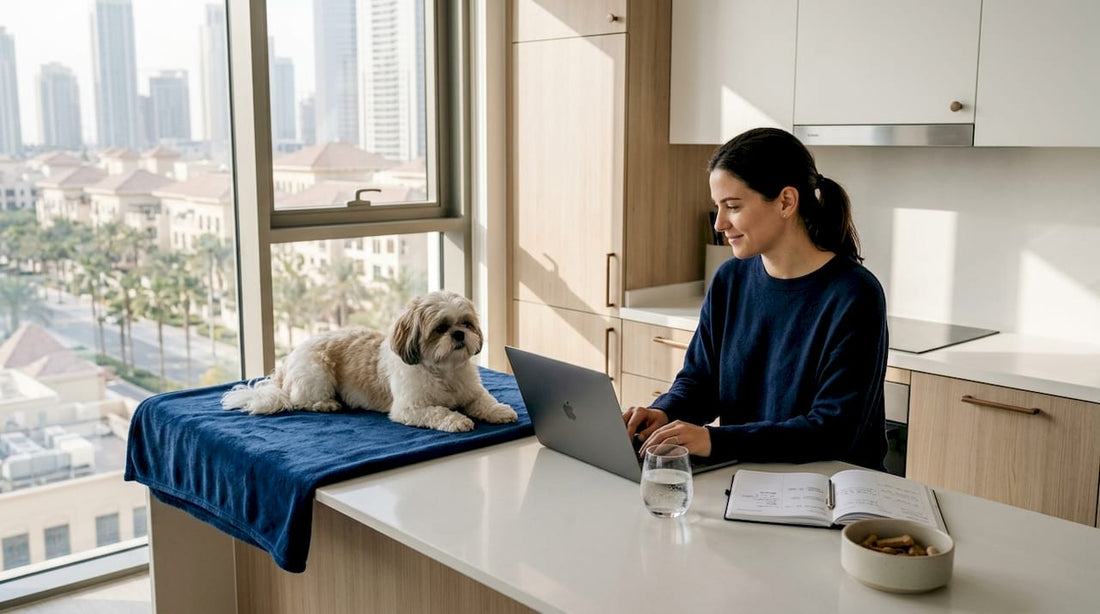 Busy Dubai pet owner multitasking with dog nearby