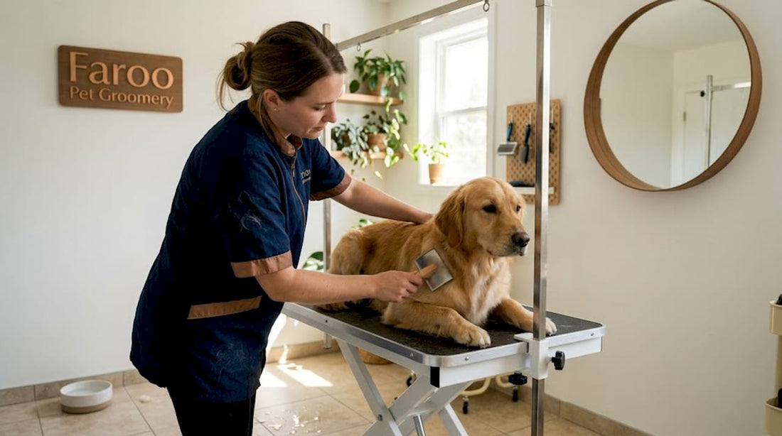Groomer brushing calm golden retriever in sunlit Dubai studio