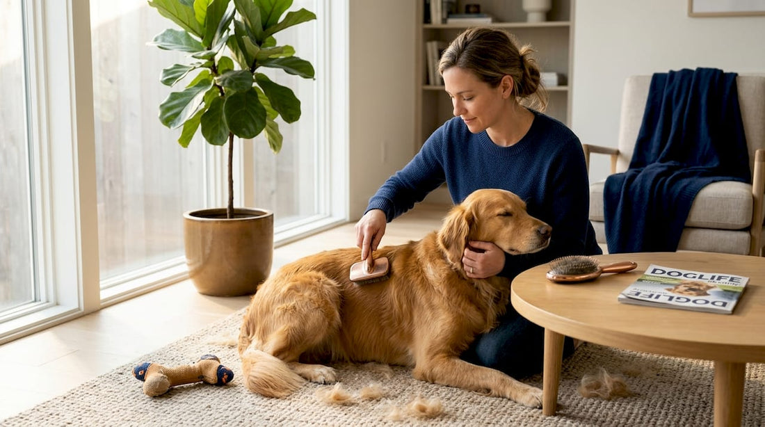 Woman brushing golden retriever in living room
