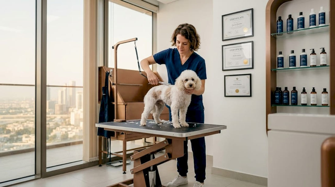 Groomer trimming poodle in Dubai pet salon