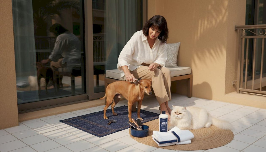 Woman grooming pets on Dubai patio