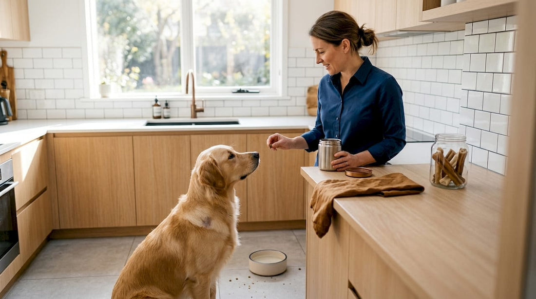 Golden retriever receives treat in sunny kitchen
