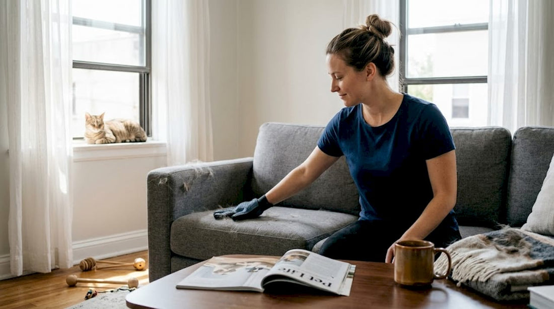 Woman removing pet hair from living room sofa
