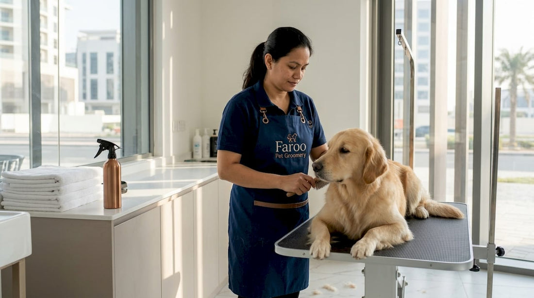 Groomer brushing golden retriever in Dubai salon
