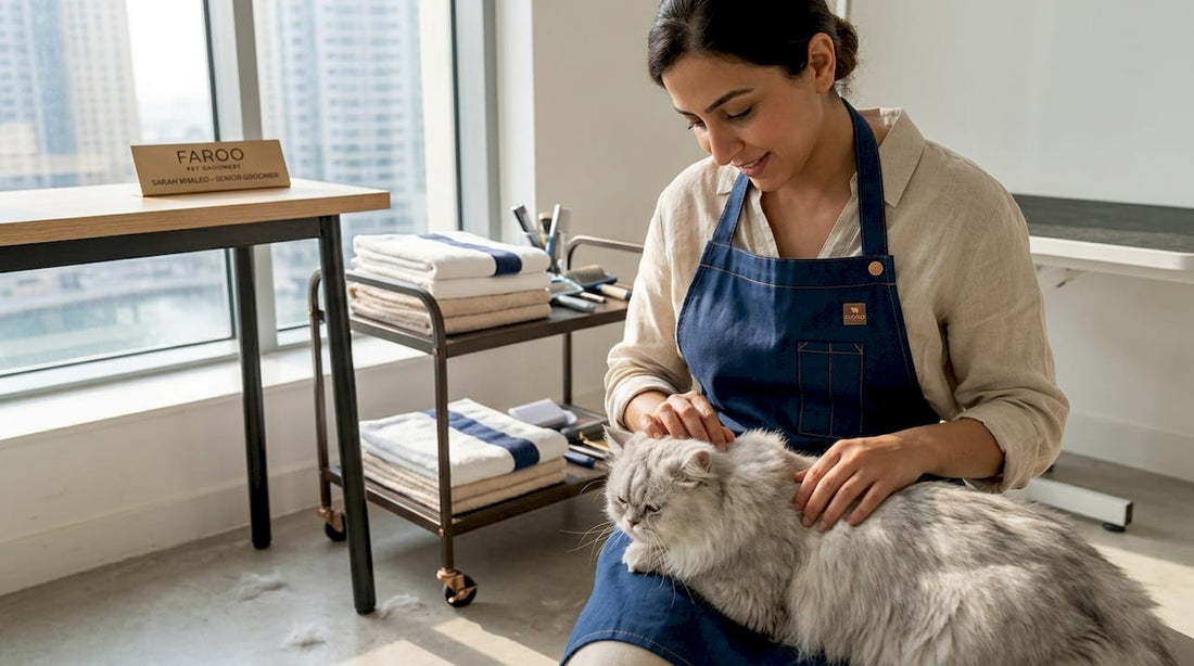 Pet groomer examines cat for mat removal