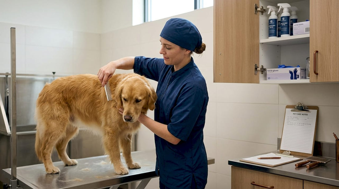 Groomer caring for dog in veterinary clinic