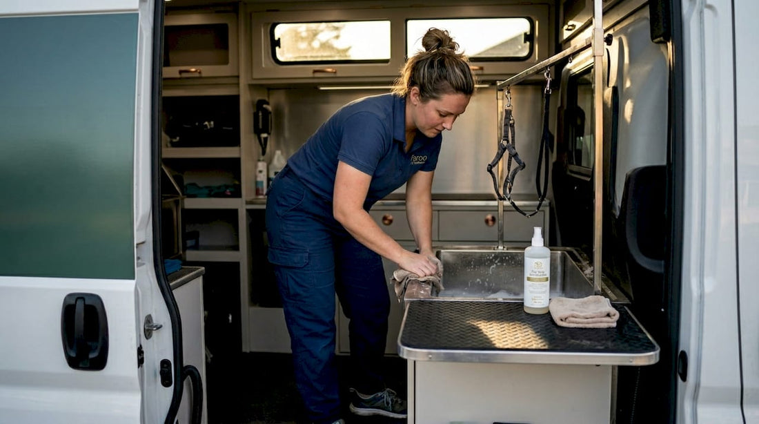 Groomer cleaning van sink after pet session