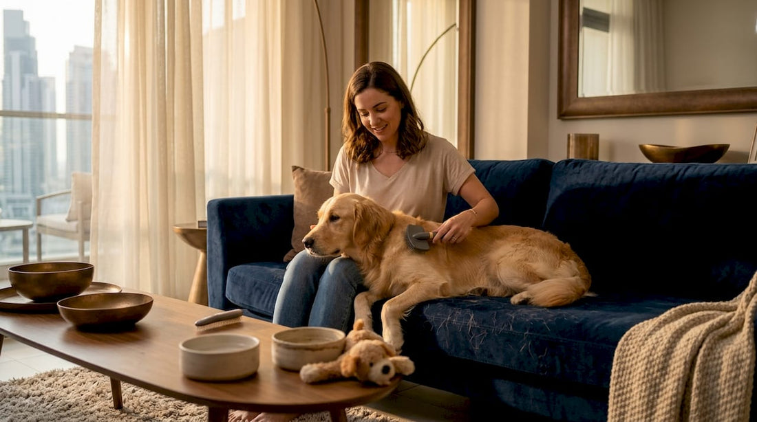Dubai pet owner brushing dog in living room