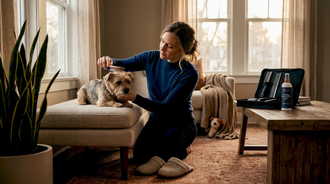 Pet owner calmly grooming a relaxed terrier