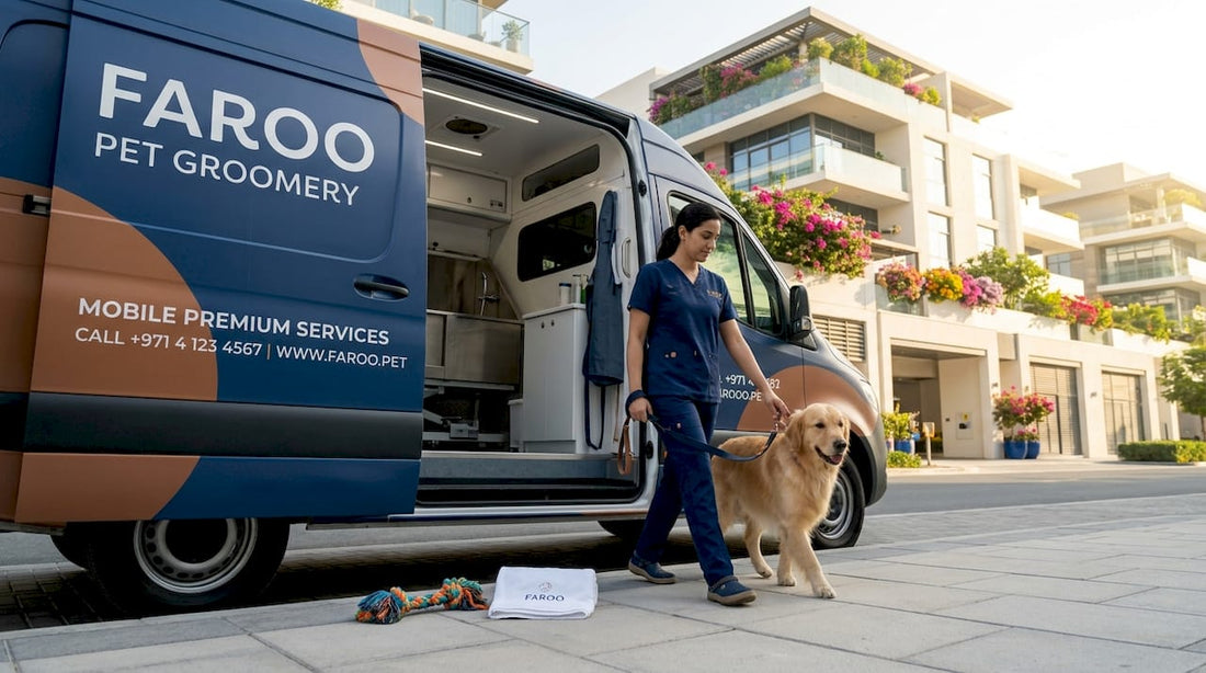 Pet groomer with dog at mobile van curbside