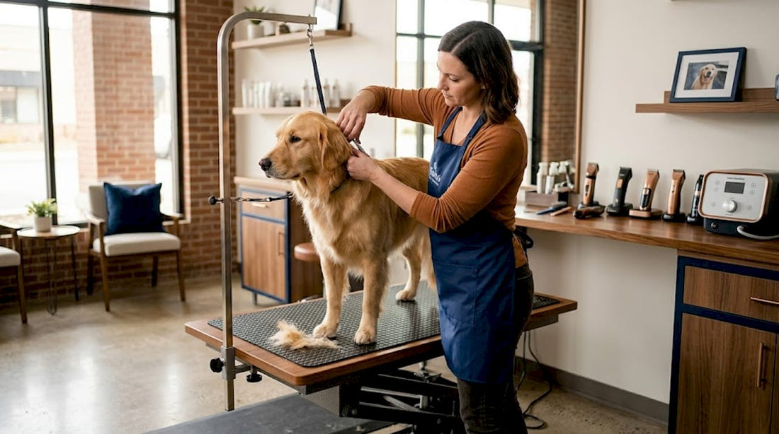 Pet groomer trims dog’s fur with advanced grooming tools