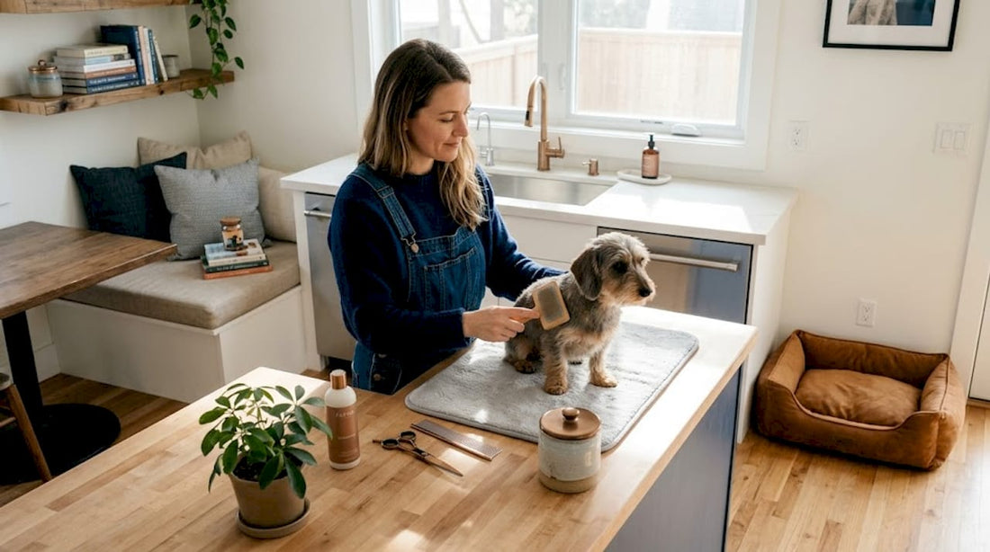 Woman grooming dog at home with grooming van outside
