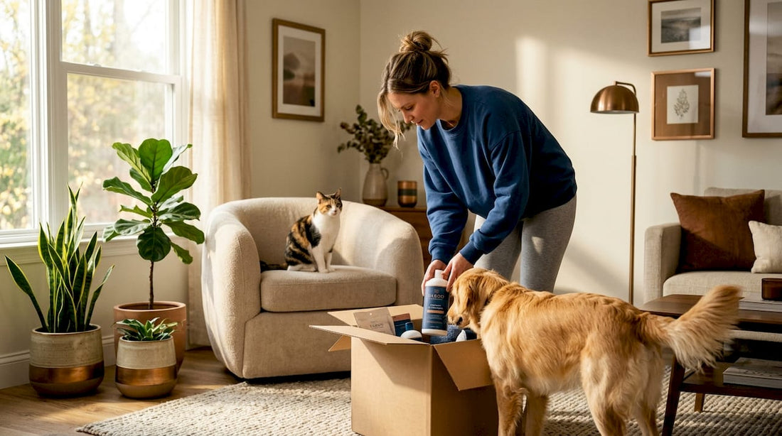 Pet owner opening mobile pet delivery box