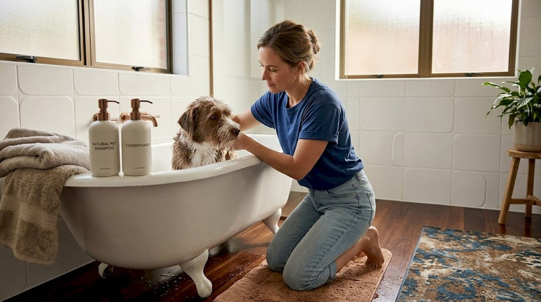 Woman washing dog in home bathroom