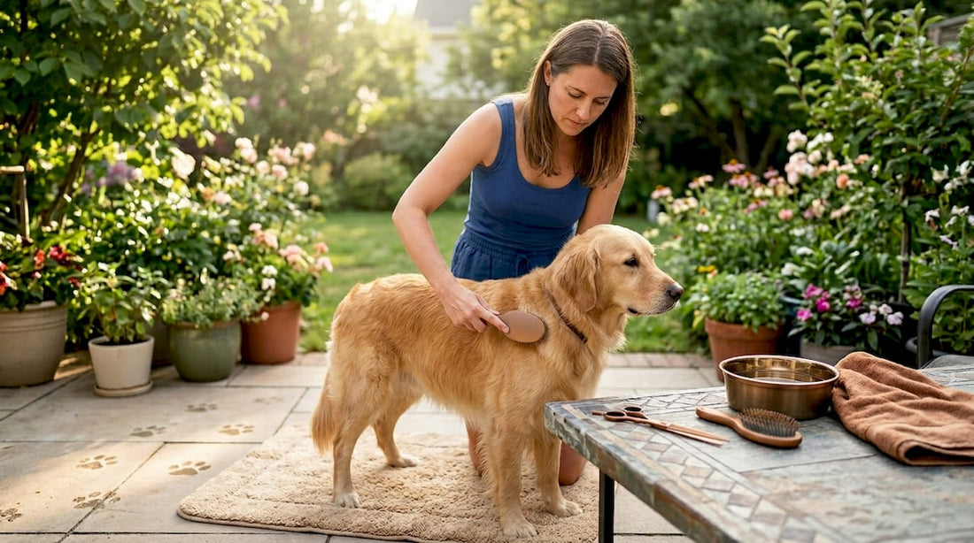 Woman brushing golden retriever in sunny kitchen