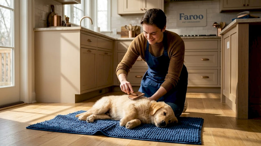 Golden retriever puppy being gently groomed at home