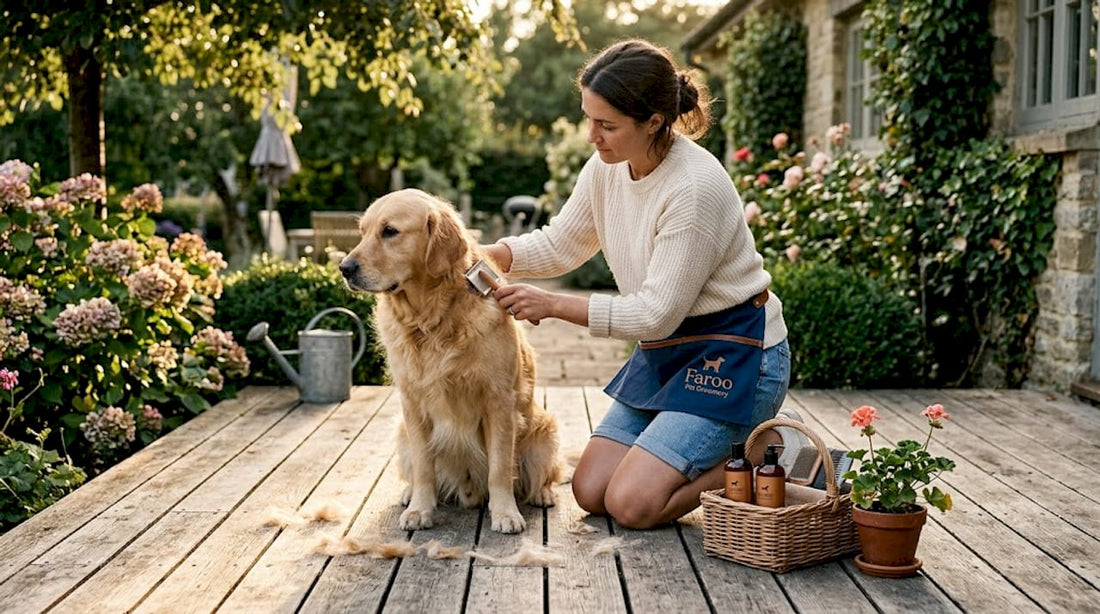Pet owner grooming dog outside on balcony