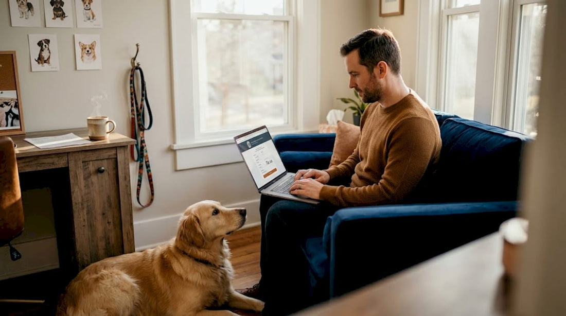 Man booking pet grooming service at home with dog