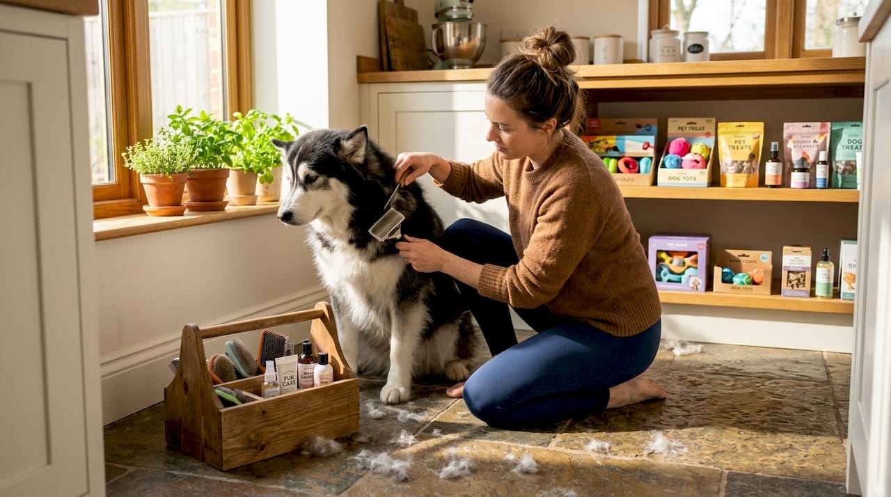 Woman deshedding husky on living room rug