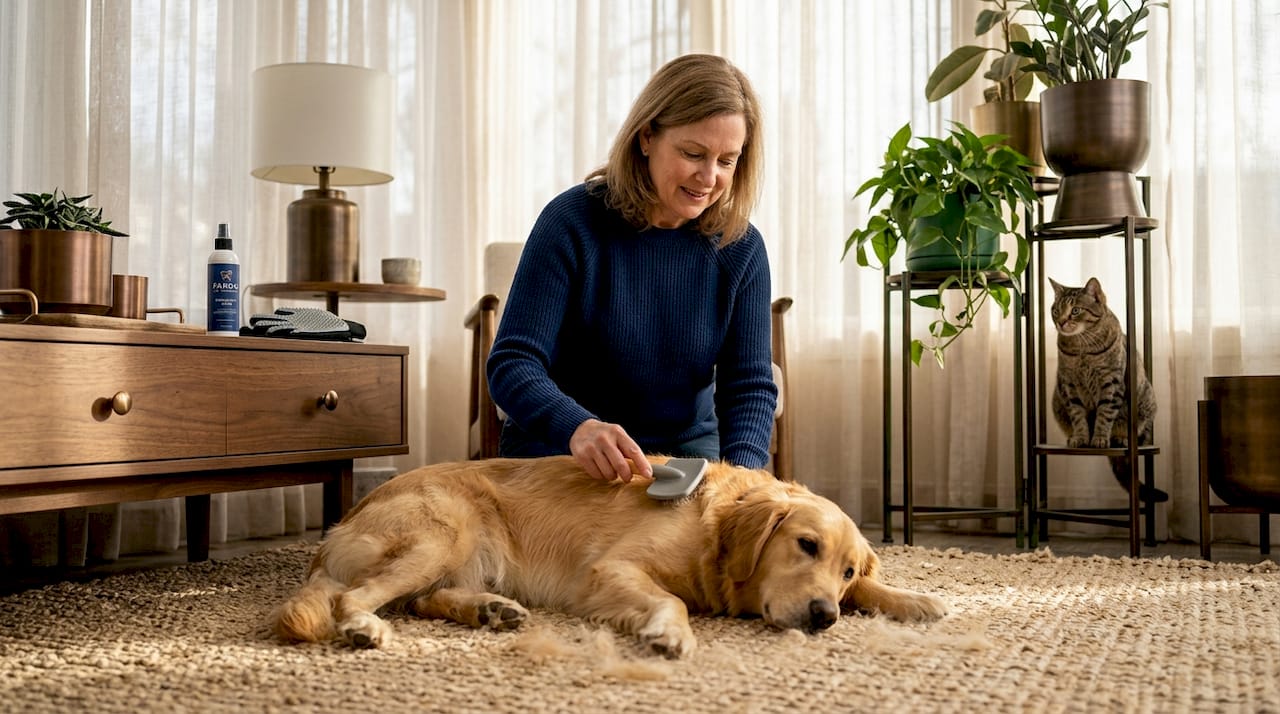 Owner brushing golden retriever in sunlit living room