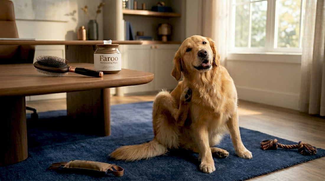 Golden retriever scratching neck indoors after grooming