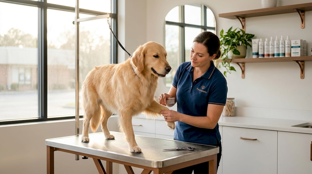 Professional groomer examining golden retriever