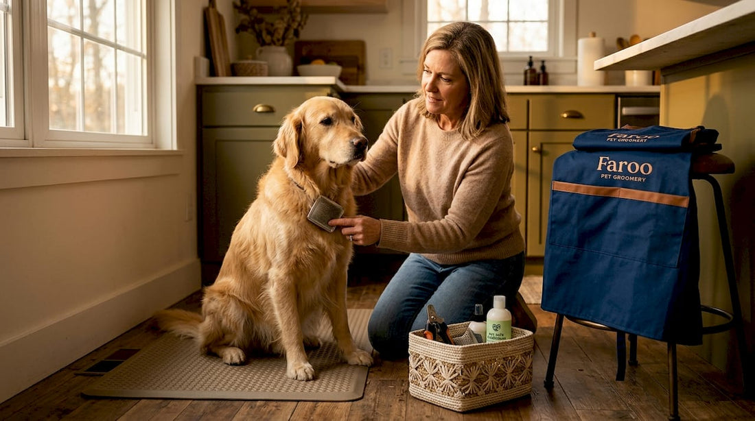 Woman grooming calm rescue dog at home