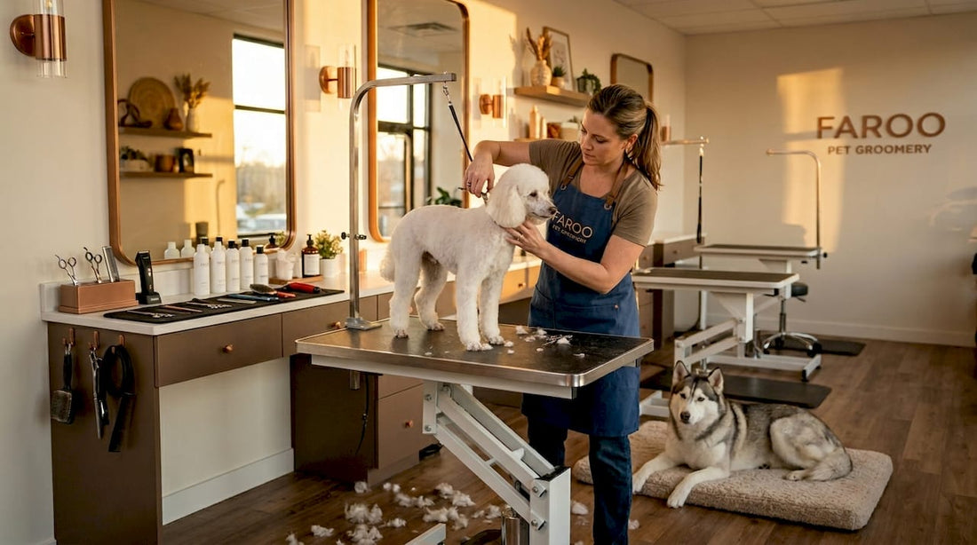 Professional groomer trimming white Poodle's coat