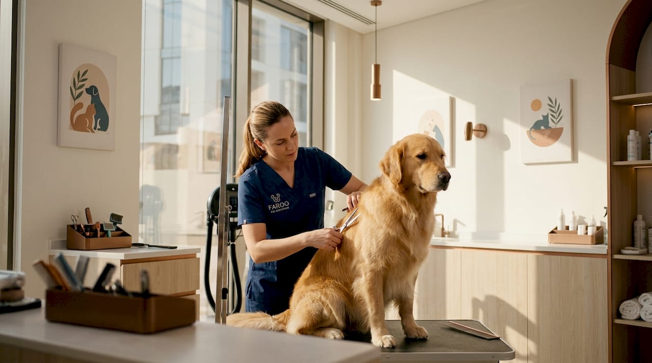 Veterinary groomer trimming dog fur