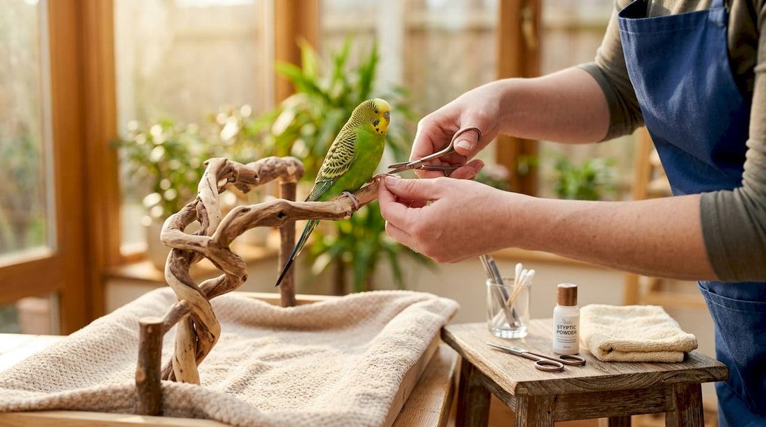 Hands trimming bird's nails safely at home