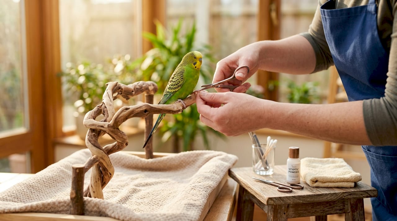 Hands trimming bird's nails safely at home