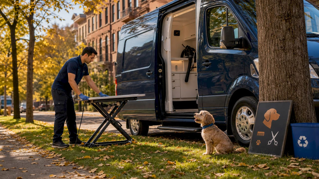 Mobile pet grooming van parked on city street