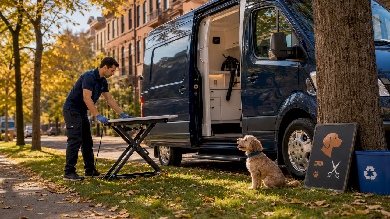 Mobile pet grooming van parked on city street