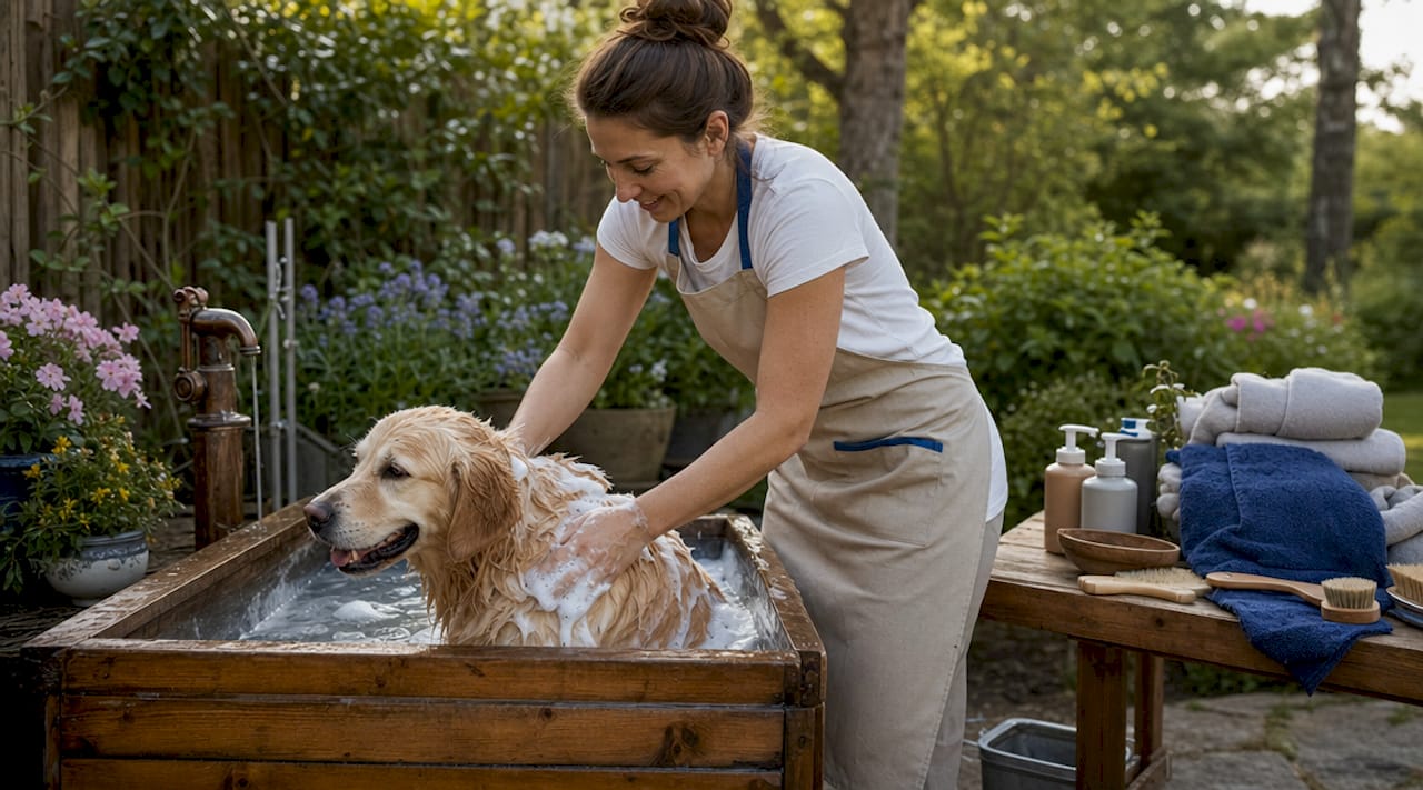 Pet groomer bathing golden retriever using natural products