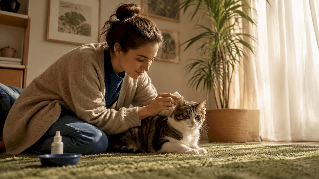 Owner cleaning cat’s ear at home