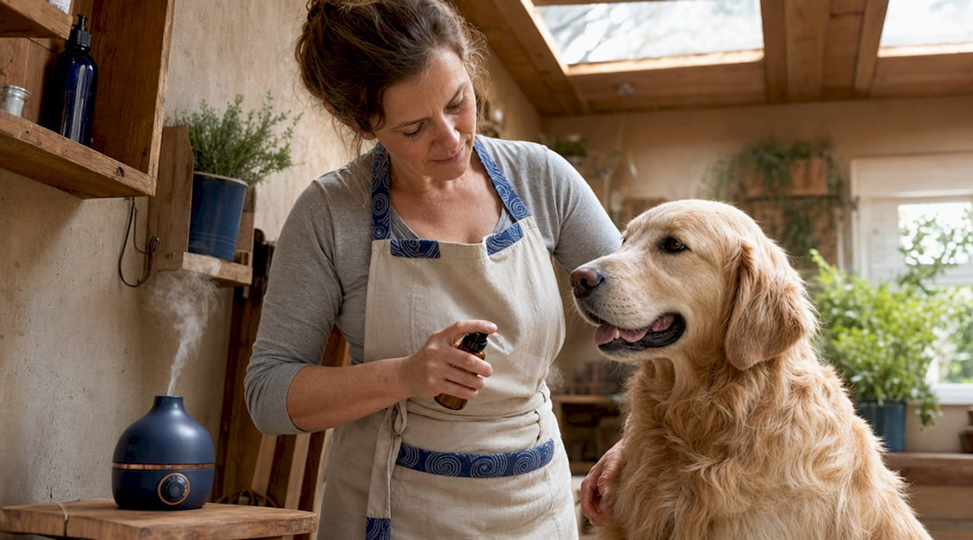 Pet groomer spraying diluted essential oils on dog
