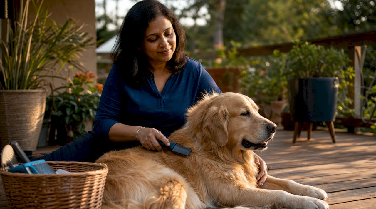 Woman brushing golden retriever indoors