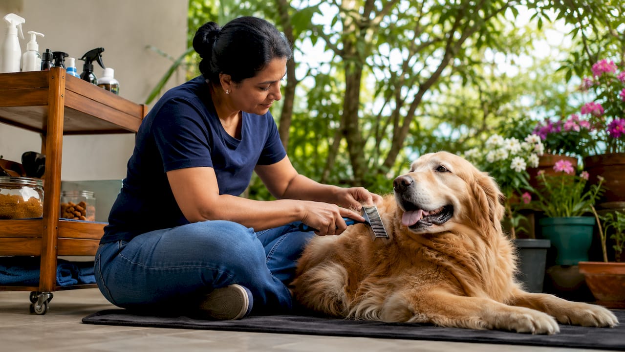 Pet groomer gently detangling golden retriever fur