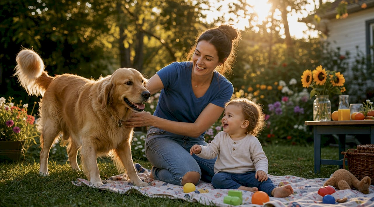 Woman playing with toddler and dog indoors