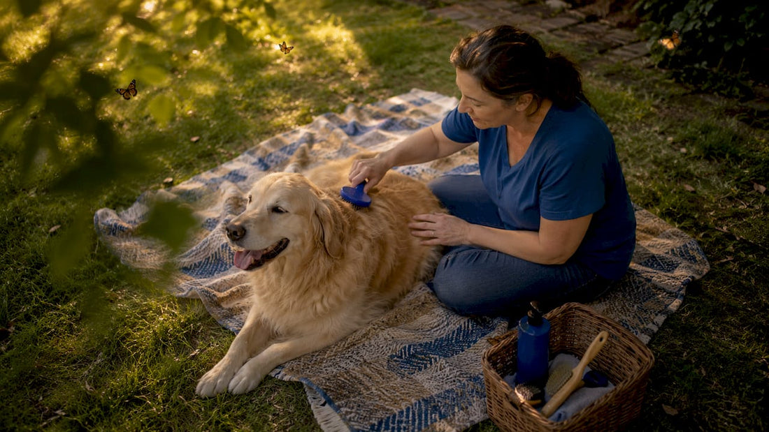 Woman brushing golden retriever with grooming kit