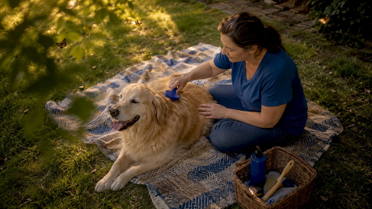 Woman brushing golden retriever with grooming kit