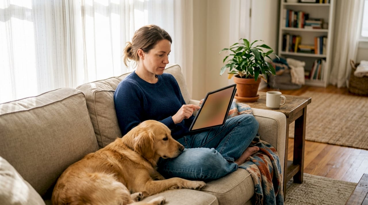 Woman scheduling pet grooming appointment at home tablet