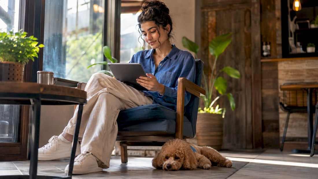 Woman booking pet grooming online at home