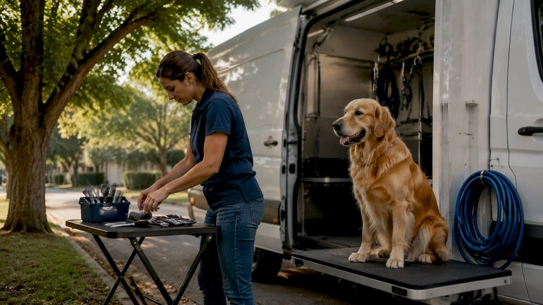 Pet groomer preparing mobile grooming van outdoors