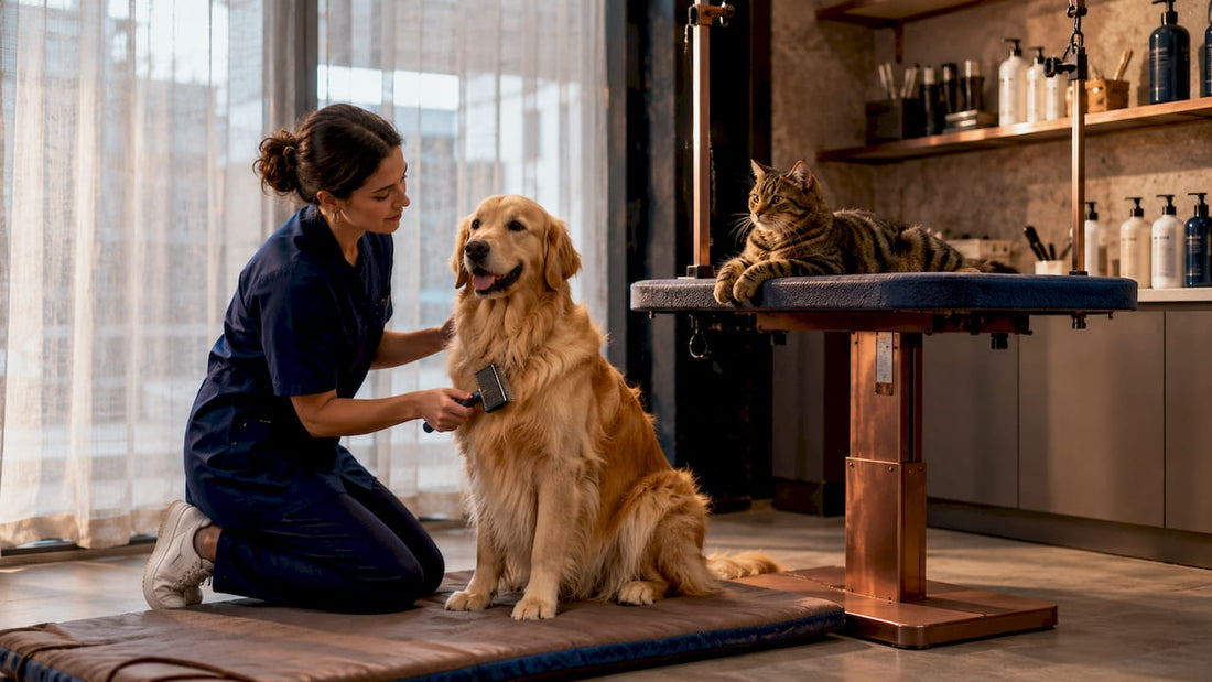 Pet groomer brushing dog with cat nearby