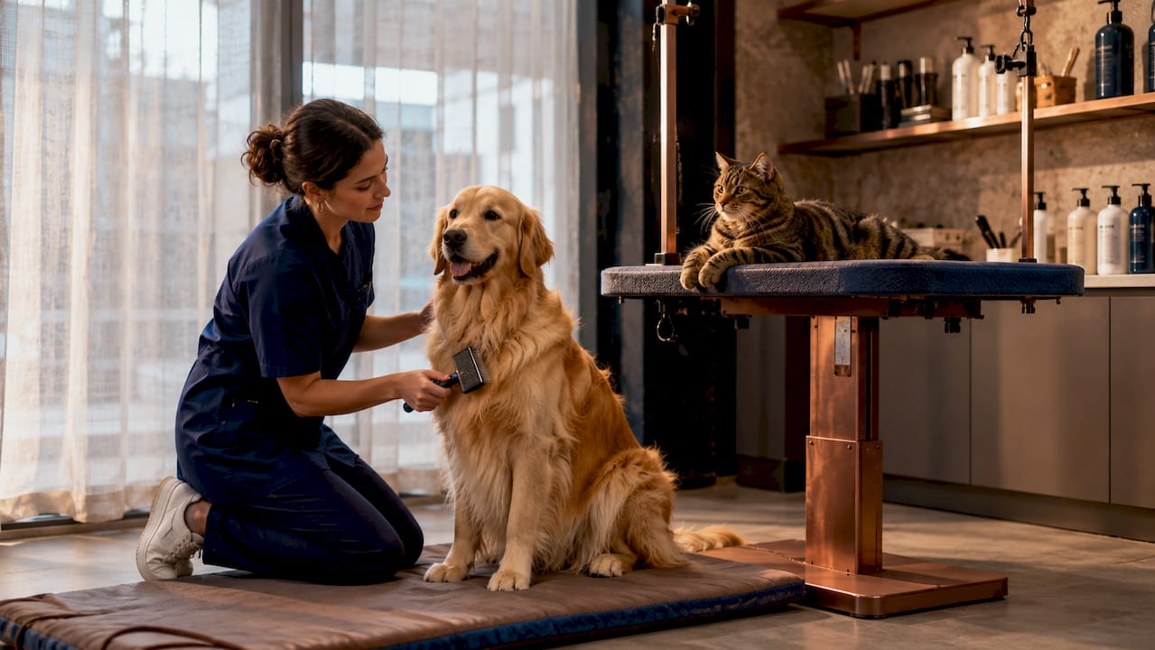 Pet groomer brushing dog with cat nearby