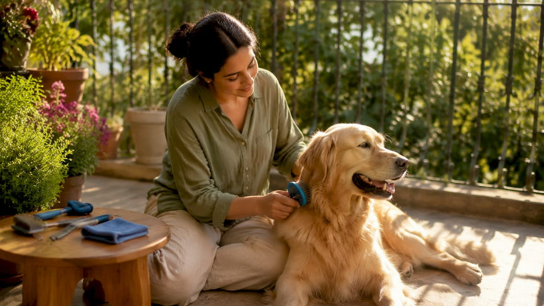 Woman brushing golden retriever at home