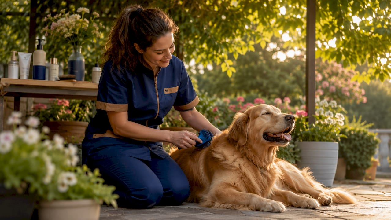 Pet groomer brushing golden retriever indoors