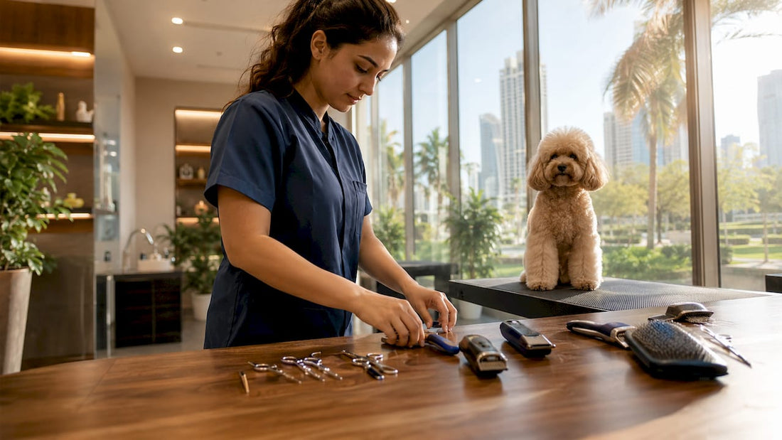 Mobile pet groomer preparing tools in van with poodle